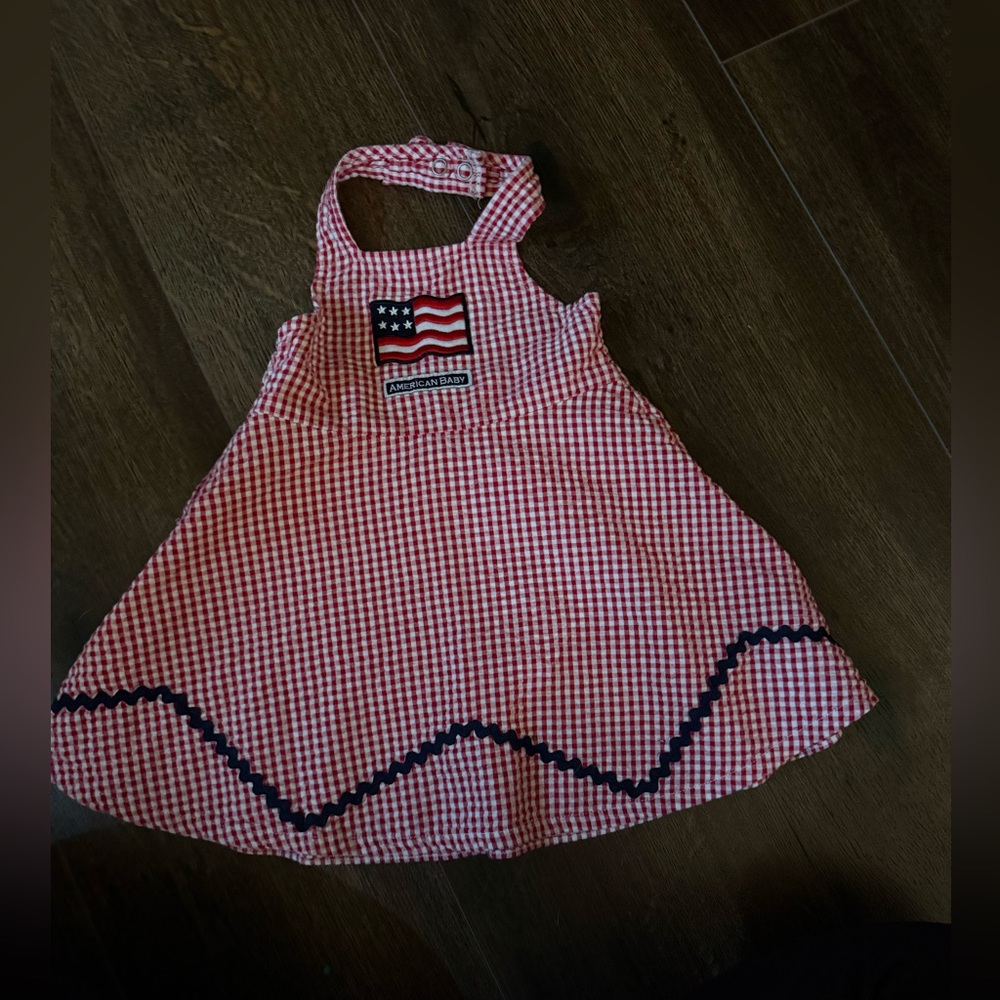 Adorable Red Checkered Kids Dress with Flag Accent